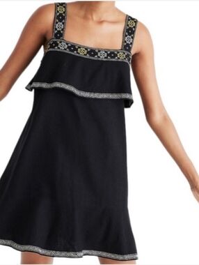 Madewell Black Yellow Embroidered Linen Blend Tiered Mini Dress Size XS